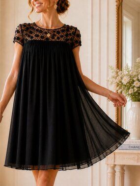 Black Babydoll Swing Mini Dress Lace Floral Sheer Overlay Floaty Size 10